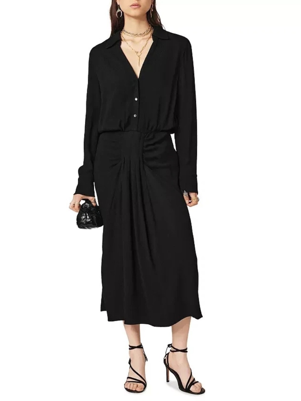 BA&SH Robe Uria Ruched A-Line
Midi-Shirtdress Black Long-Sleeve XL Women’s